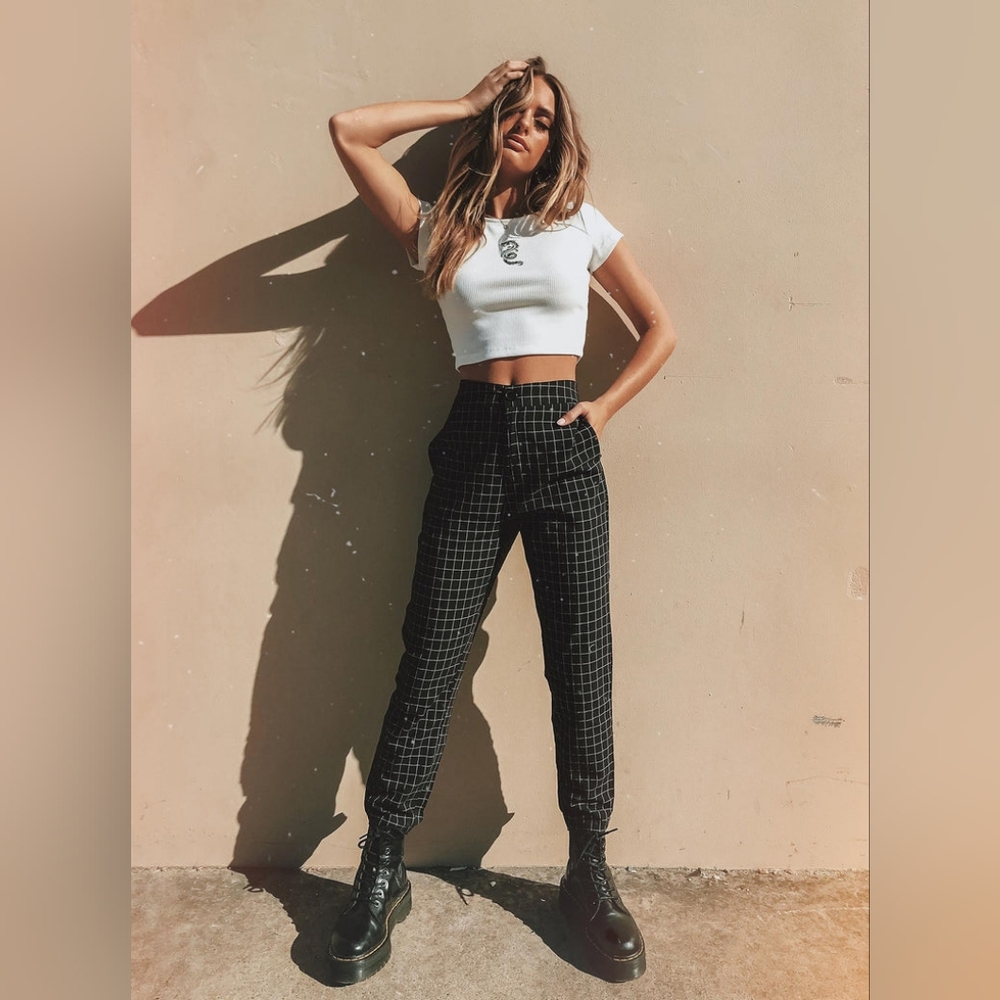 Princess Polly Black Spiro Checkered High Waist Straight Leg Cotton Pants 4US